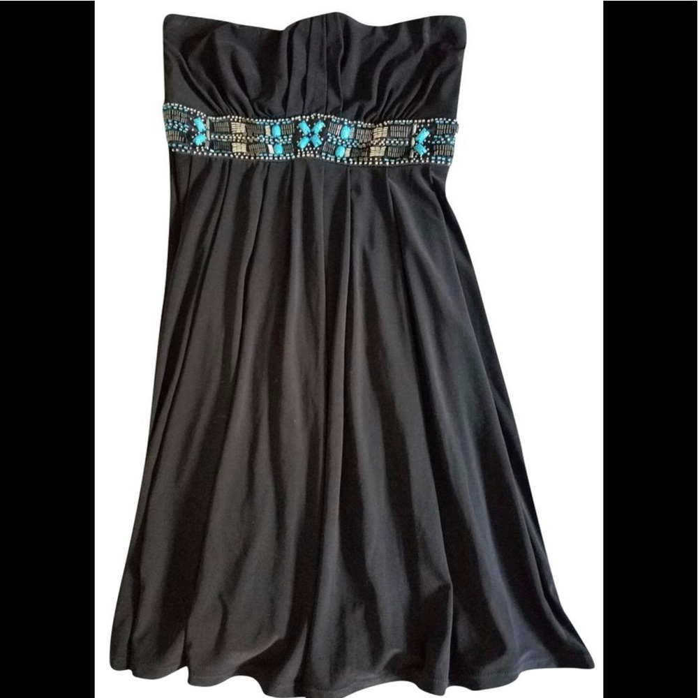 WHBM empire waist strapless midi dress w/turquoise decorative embellishment